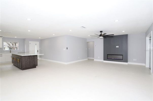 Empty room, Fireplace, Interior, Kitchen, Recessed Lighting