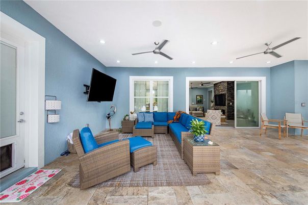 Fireplace, Interior, Living room, Recessed Lighting, Stone Walls