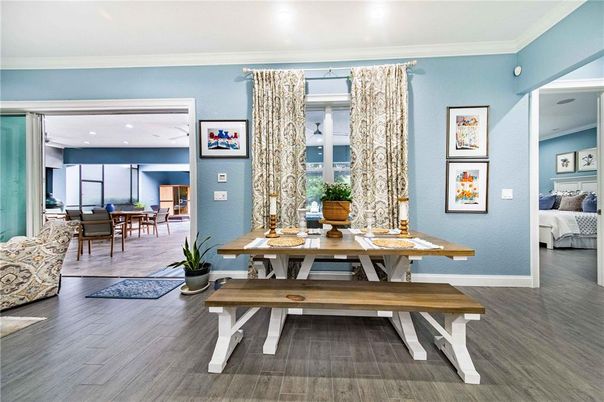 Bedroom, Dining room, Interior, Recessed Lighting, Wood Texture Flooring