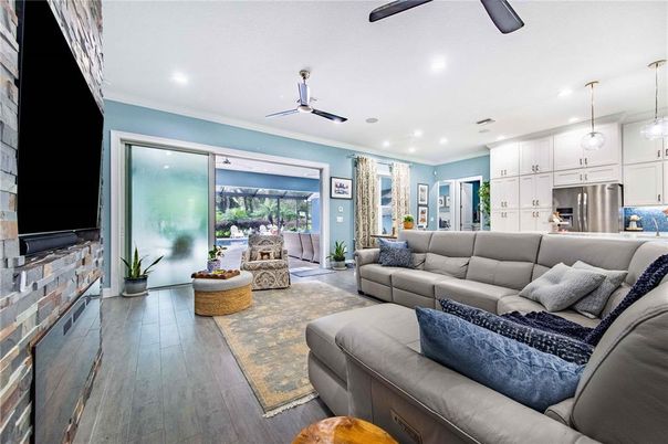 Interior, Kitchen, Living room, Pendant Lights, Recessed Lighting, Stainless Steel Appliances, Wood Texture Flooring