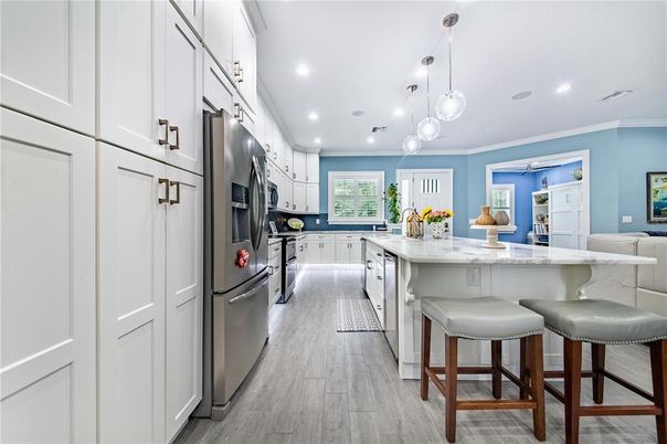 Interior, Kitchen, Pendant Lights, Recessed Lighting, Stainless Steel Appliances, Wood Texture Flooring