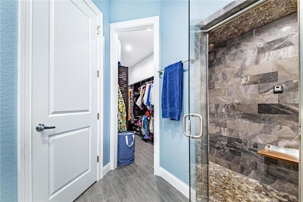 Bathroom, Glass Shower, Interior, Recessed Lighting, Wood Texture Flooring