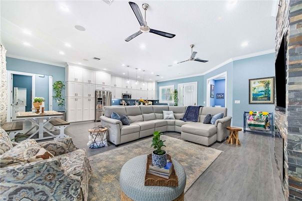 Dining room, Interior, Kitchen, Living room, Pendant Lights, Recessed Lighting, Stainless Steel Appliances, Wood Texture Flooring