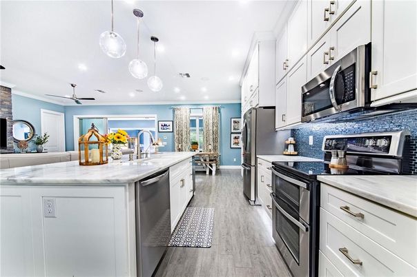 Interior, Kitchen, Pendant Lights, Recessed Lighting, Wood Texture Flooring