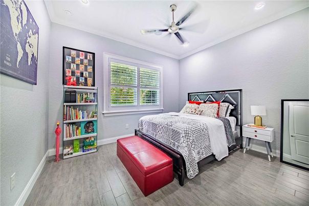 Bedroom, Interior, Recessed Lighting, Wood Texture Flooring