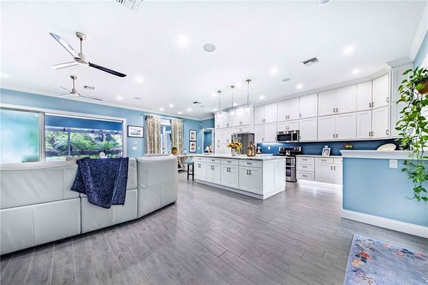 Interior, Kitchen, Living room, Pendant Lights, Recessed Lighting, Stainless Steel Appliances, Wood Texture Flooring