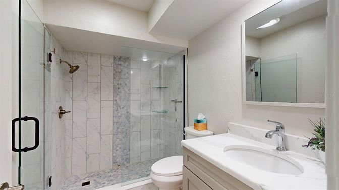 Bathroom, Glass Shower, Interior, Marble Walls, Recessed Lighting