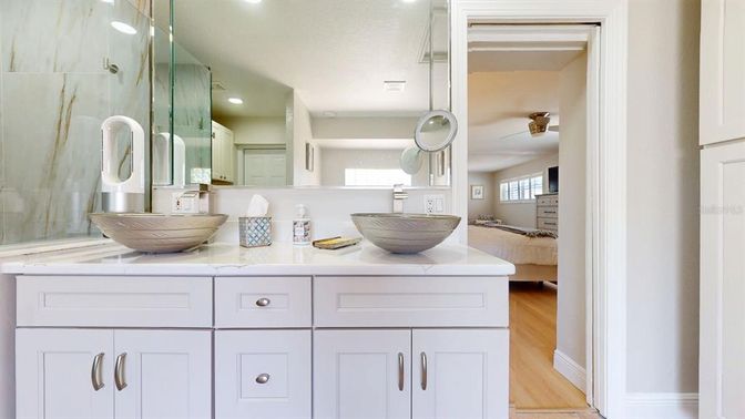 Bathroom, Glass Shower, Interior, Kitchen, Recessed Lighting, Wood Texture Flooring