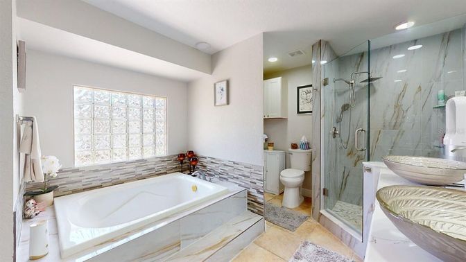 Bathroom, Glass Shower, Interior, Marble Walls, Recessed Lighting