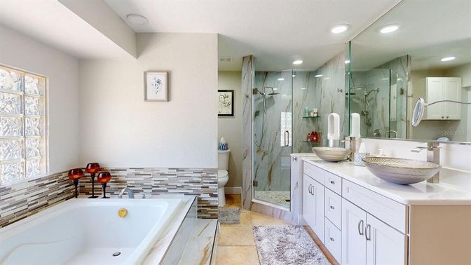 Bathroom, Dual Sink Vanities, Glass Shower, Interior, Recessed Lighting