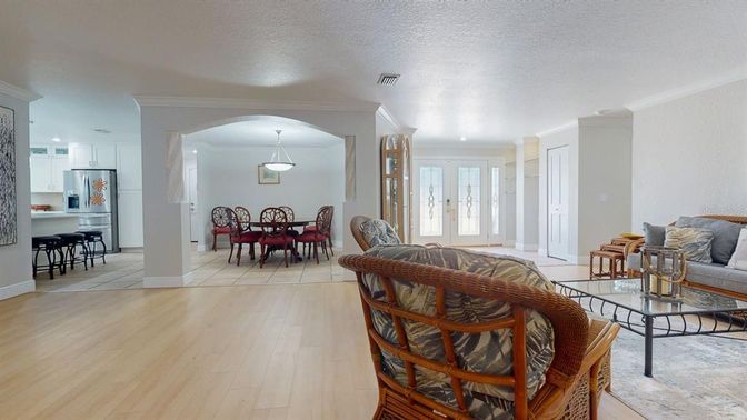Dining room, Interior, Kitchen, Living room, Pendant Lights, Recessed Lighting, Stainless Steel Appliances, Wood Texture Flooring
