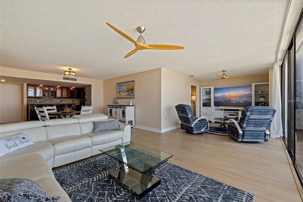 Dining room, Interior, Kitchen, Living room, Recessed Lighting, Wood Texture Flooring