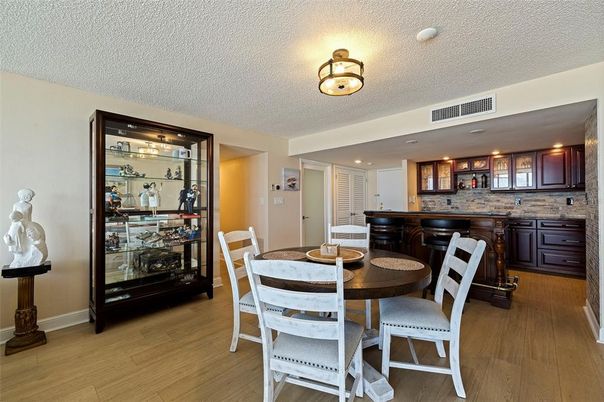 Dining room, Interior, Recessed Lighting, Wood Texture Flooring