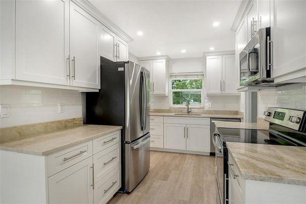 Interior, Kitchen, Recessed Lighting, Stainless Steel Appliances, Wood Texture Flooring