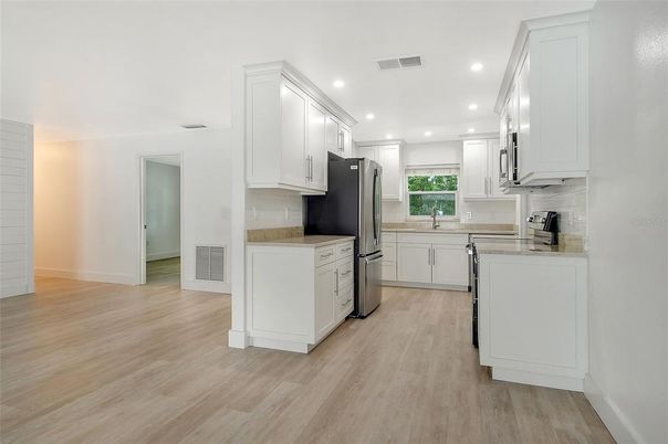 Interior, Kitchen, Recessed Lighting, Wood Texture Flooring