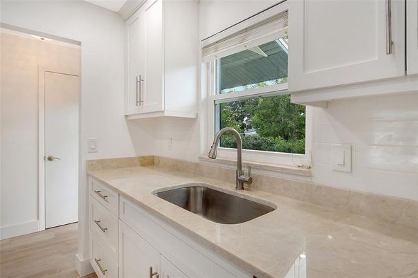 Interior, Kitchen, Tile Countertops, Wood Texture Flooring