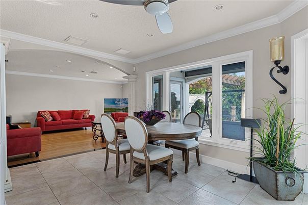 Dining room, Interior, Living room, Recessed Lighting, Wood Texture Flooring