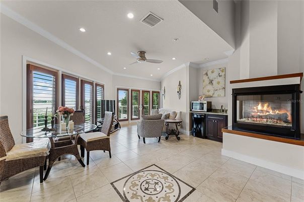 Dining room, Fireplace, Interior, Living room, Recessed Lighting
