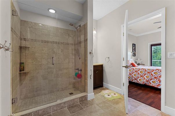 Bathroom, Bedroom, Glass Shower, Interior, Recessed Lighting, Wood Texture Flooring