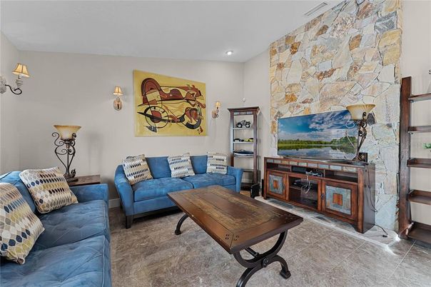 Interior, Living room, Recessed Lighting, Stone Walls
