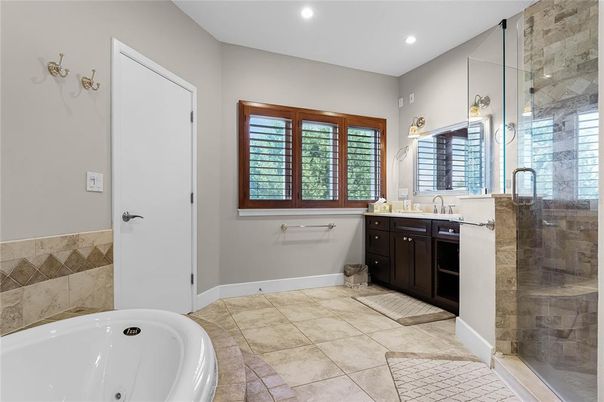 Bathroom, Dual Sink Vanities, Glass Shower, Interior, Recessed Lighting