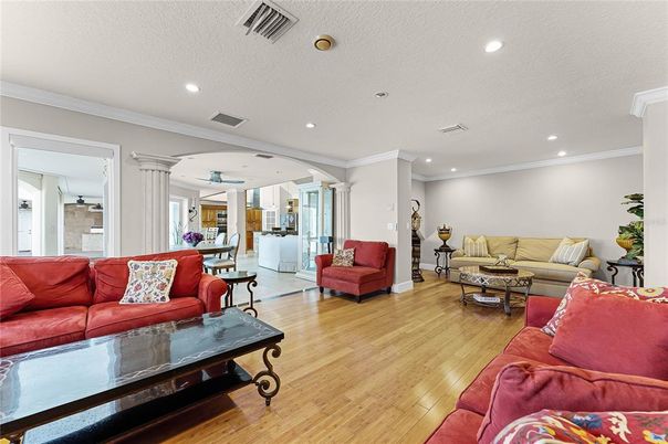 Dining room, Interior, Living room, Recessed Lighting, Wood Texture Flooring