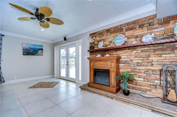 Fireplace, Interior, Recessed Lighting, Stone Walls