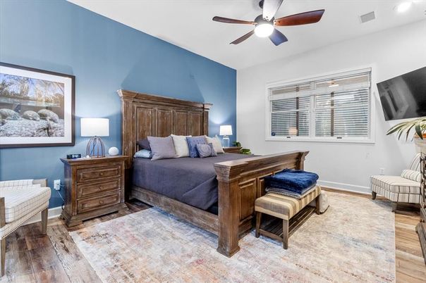 Bedroom, Interior, Recessed Lighting, Wood Texture Flooring
