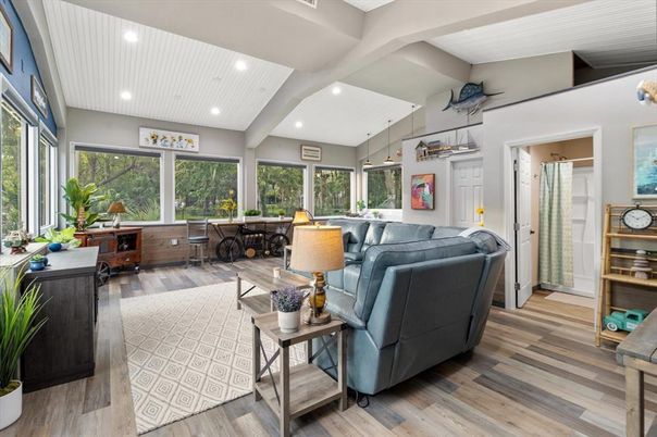 Dining room, Interior, Living room, Recessed Lighting, Wood Texture Flooring
