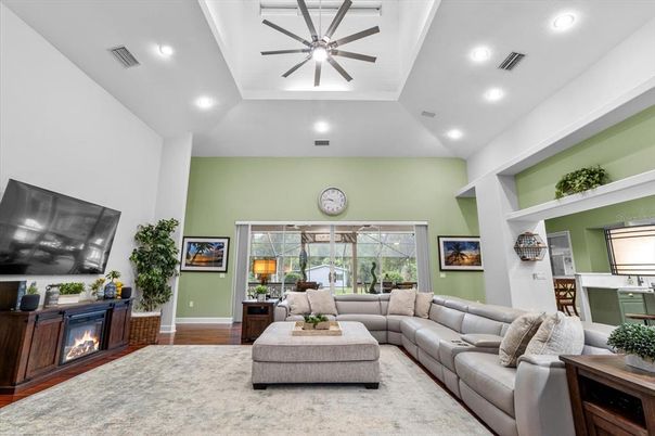 Fireplace, Interior, Living room, Recessed Lighting, Wood Texture Flooring