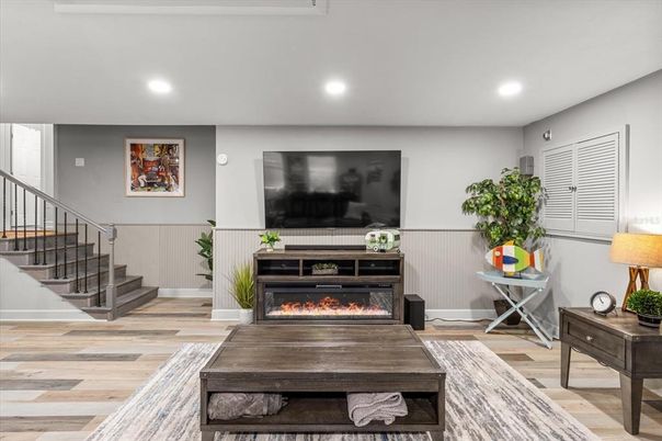 Fireplace, Interior, Recessed Lighting, Wood Texture Flooring