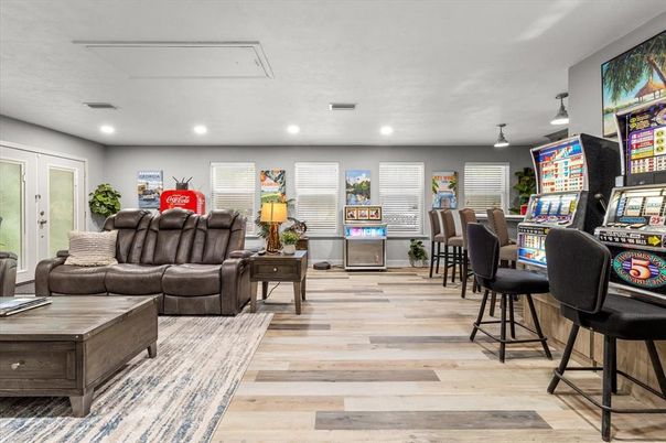 Dining room, Interior, Living room, Recessed Lighting, Wood Texture Flooring