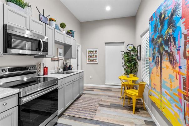 Interior, Kitchen, Recessed Lighting, Stainless Steel Appliances, Wood Texture Flooring
