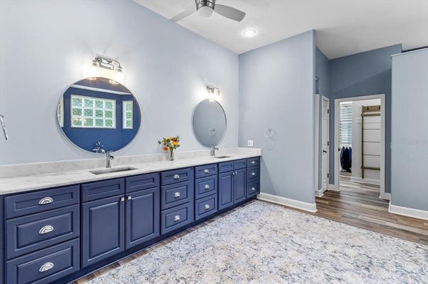 Bathroom, Dual Sink Vanities, Interior, Recessed Lighting, Wood Texture Flooring