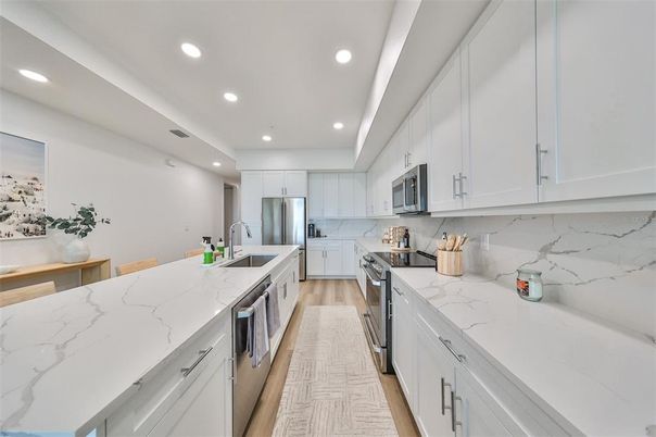 Interior, Kitchen, Recessed Lighting, Stainless Steel Appliances, Wood Texture Flooring