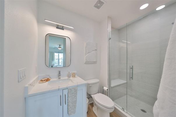 Bathroom, Glass Shower, Interior, Recessed Lighting, Wood Texture Flooring