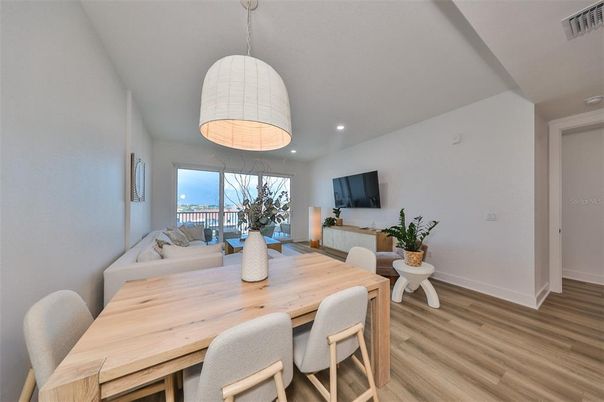 Dining room, Interior, Pendant Lights, Recessed Lighting, Wood Texture Flooring