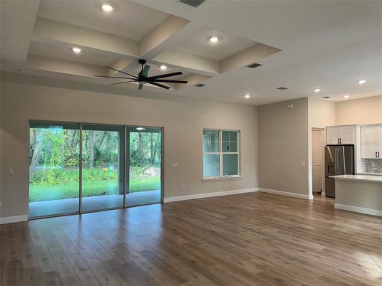 Empty room, Interior, Kitchen, Recessed Lighting, Wood Texture Flooring