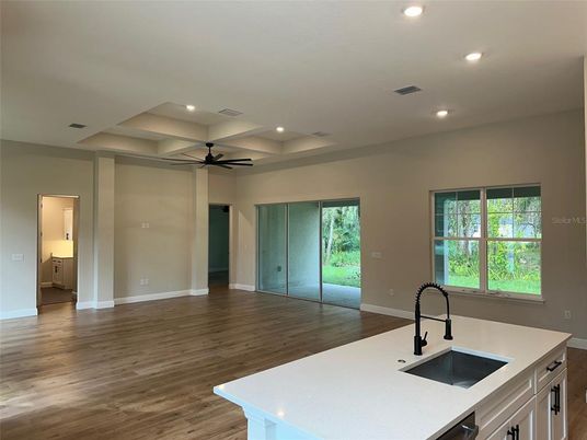 Empty room, Interior, Kitchen, Recessed Lighting, Wood Texture Flooring