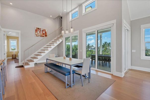 Dining room, Interior, Pendant Lights, Recessed Lighting, Wood Texture Flooring
