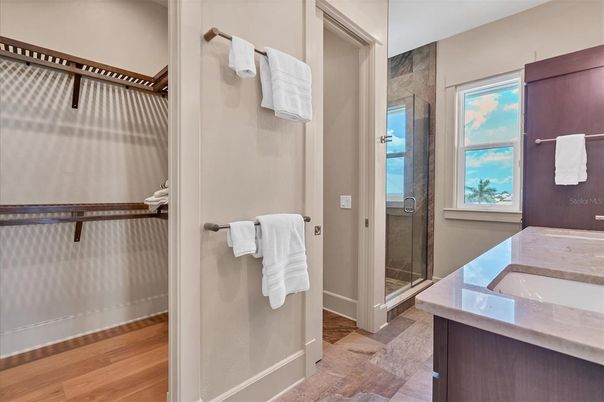 Bathroom, Glass Shower, Interior, Wood Texture Flooring