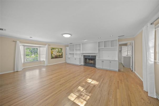 Empty room, Fireplace, Interior, Recessed Lighting, Wood Texture Flooring