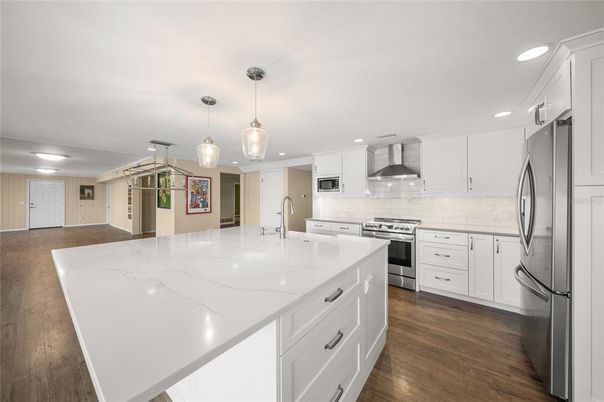 Interior, Kitchen, Pendant Lights, Recessed Lighting, Stainless Steel Appliances, Wood Texture Flooring