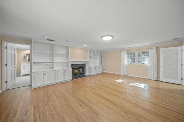 Empty room, Fireplace, Interior, Recessed Lighting, Wood Texture Flooring
