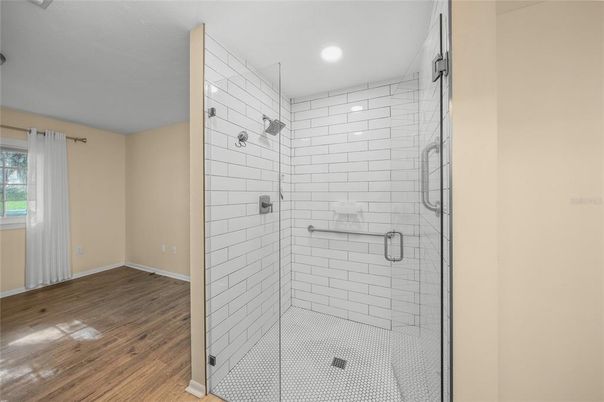 Bathroom, Glass Shower, Interior, Recessed Lighting, Wood Texture Flooring