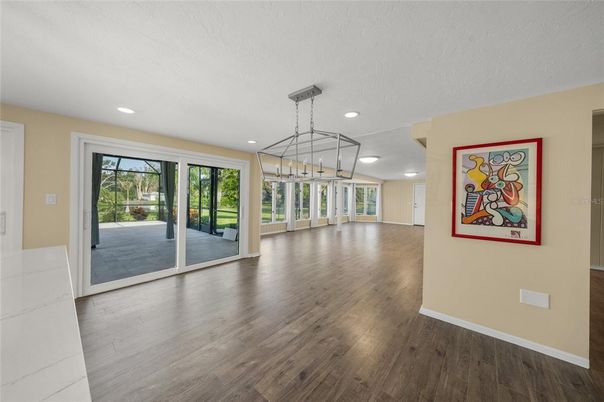 Empty room, Interior, Pendant Lights, Recessed Lighting, Wood Texture Flooring