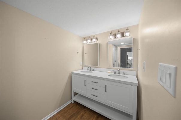 Bathroom, Dual Sink Vanities, Interior, Wood Texture Flooring