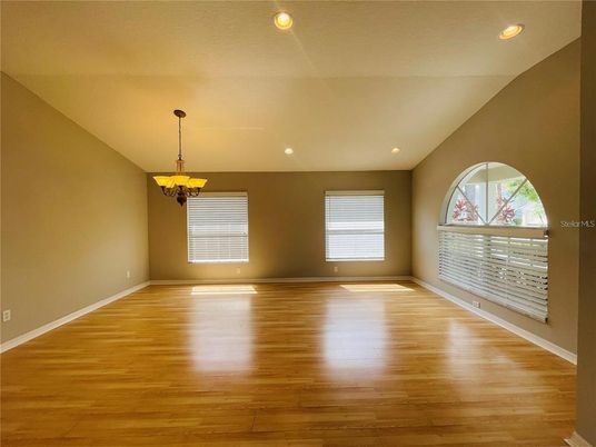 Chandelier, Empty room, Interior, Recessed Lighting, Wood Texture Flooring