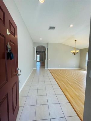 Chandelier, Empty room, Interior, Recessed Lighting, Wood Texture Flooring