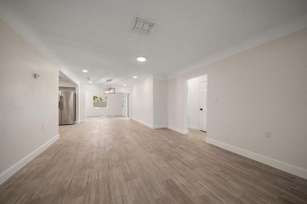 Empty room, Interior, Pendant Lights, Recessed Lighting, Wood Texture Flooring